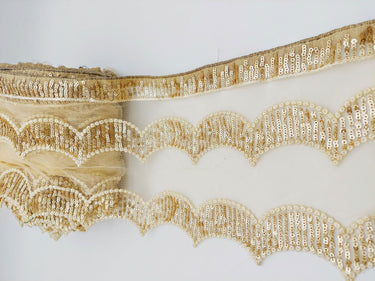 Beige Net Scallop Lace Trim with Gold Sequins, Sari Border, Embroidered Trim
